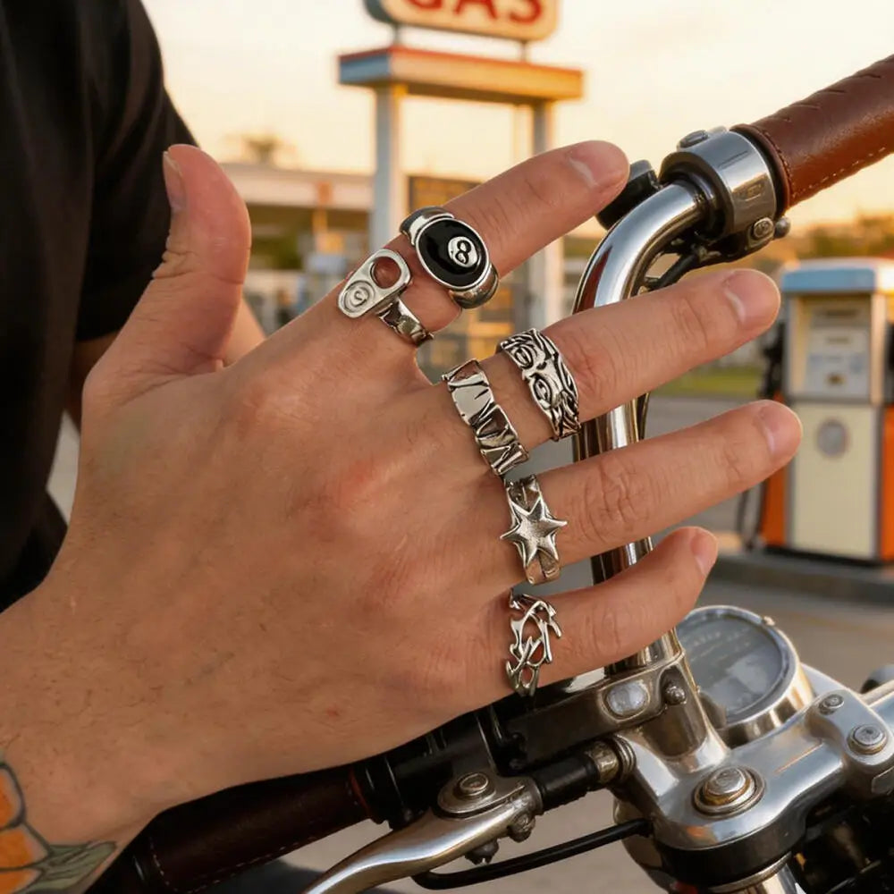 Hiphop Punk Hollow Hexagonal Star Rings for Men Women Gothic Irregular Metal Open Rings Set Y2K Street Jewelry Accessories