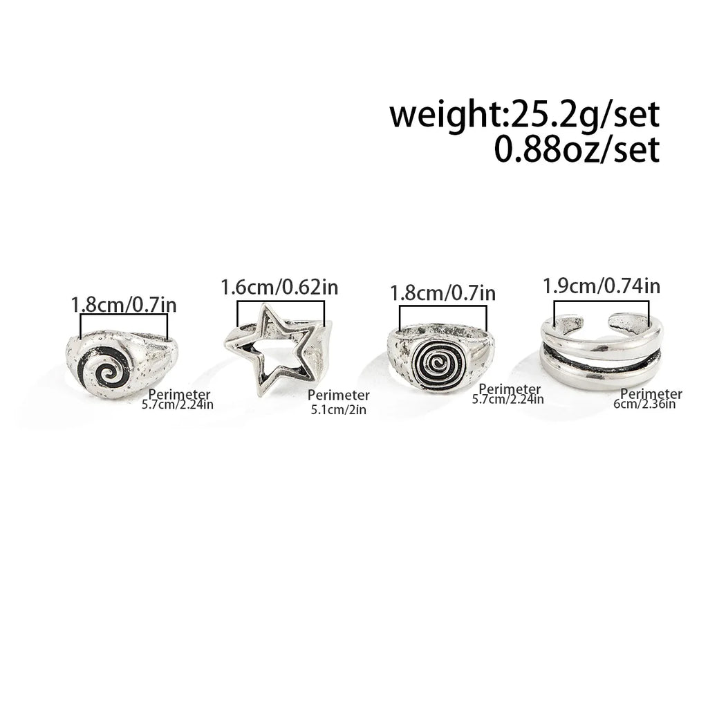 4Ps/Set Hiphop Punk Hollow Pentagram Rings for Men Women Vintage Geometric Thread Vortex Opening Rings Set Gothic Jewelry Gifts