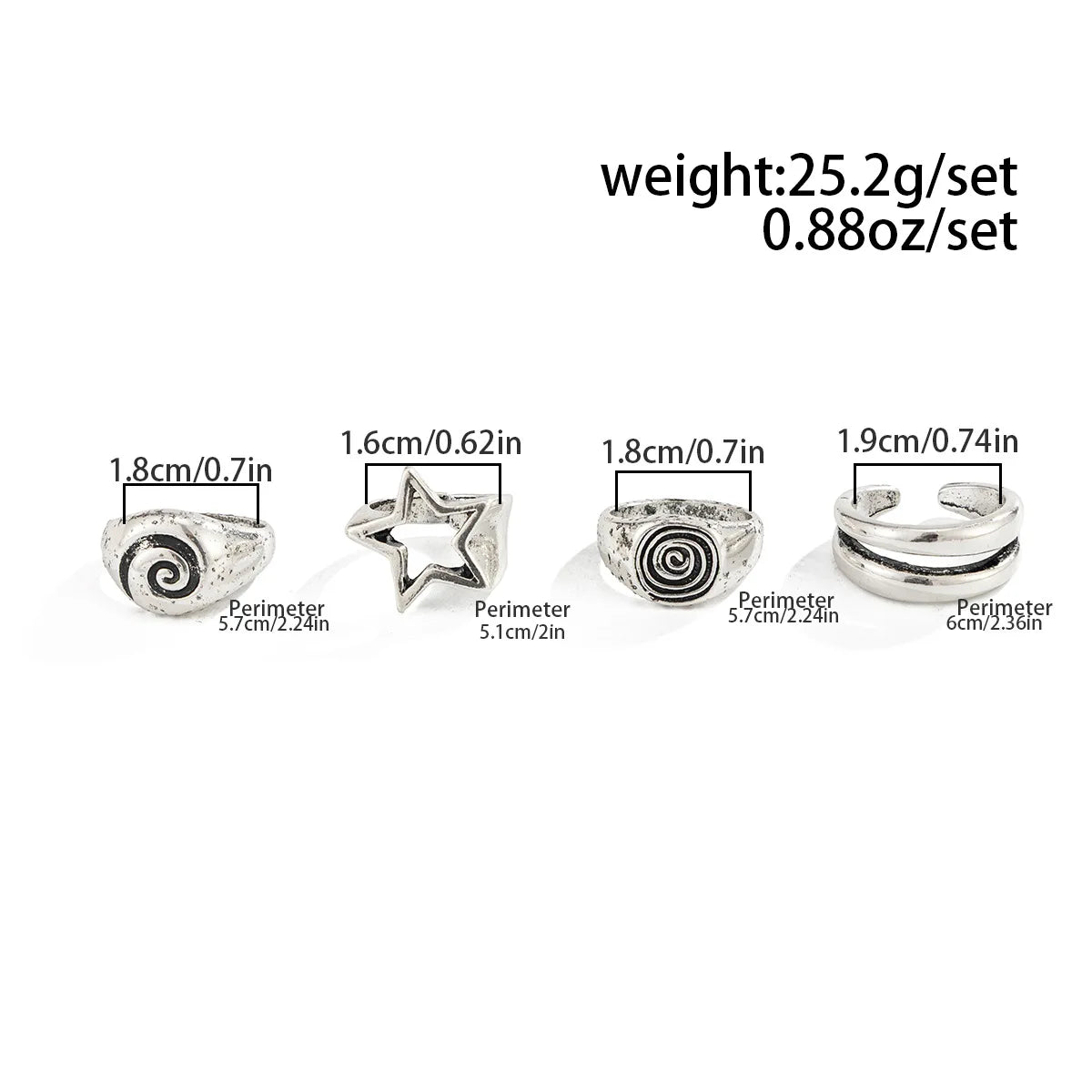 4Ps/Set Hiphop Punk Hollow Pentagram Rings for Men Women Vintage Geometric Thread Vortex Opening Rings Set Gothic Jewelry Gifts