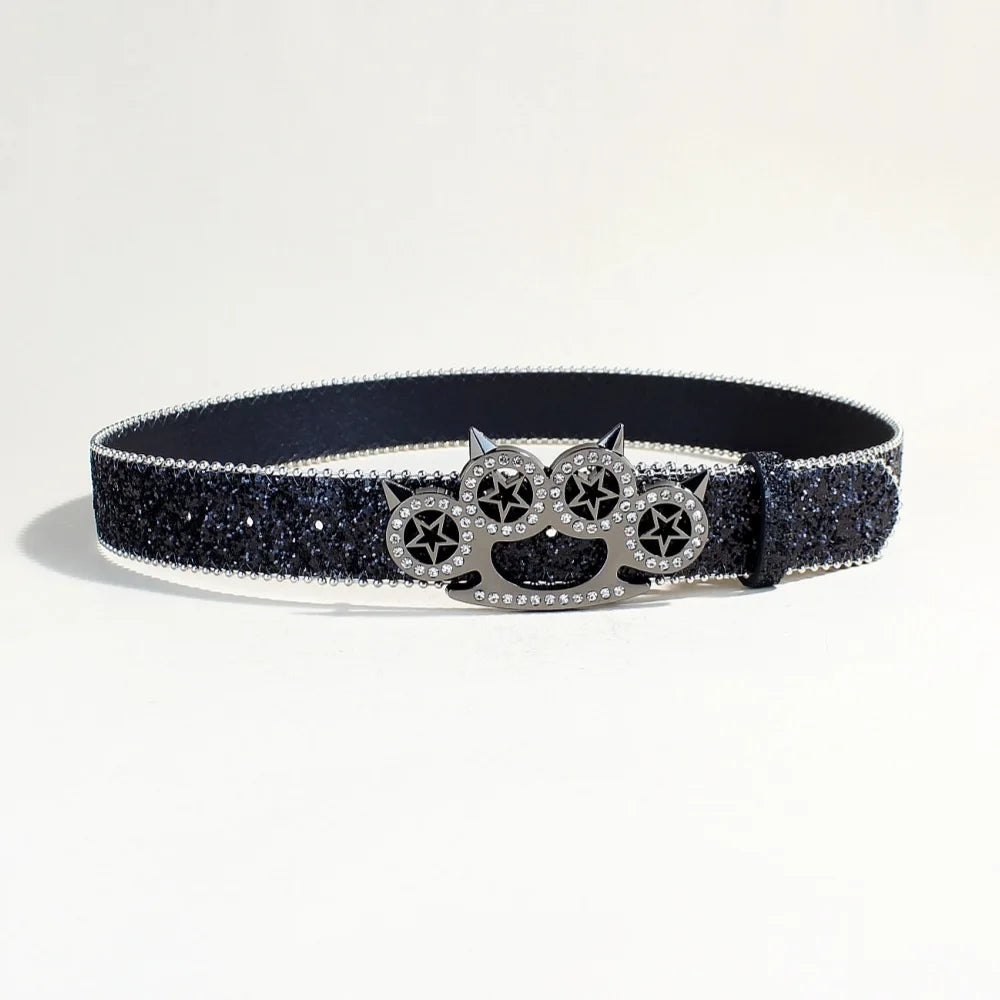Black Glitter Rhinestone Belt with Spiked Star Ring Buckle – Ball Chain Edges & Gunmetal Four-Ring Plaque with Clear Stones
