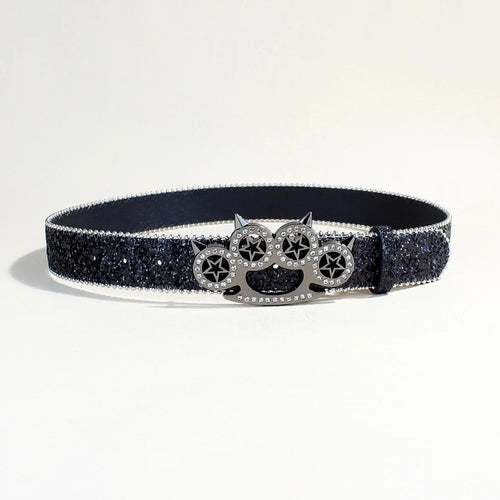 Black Glitter Rhinestone Belt with Spiked Star Ring Buckle – Ball Chain Edges & Gunmetal Four-Ring Plaque with Clear Stones