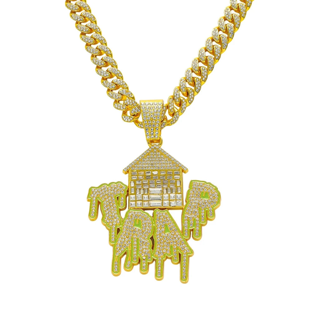 Iced Out Trap House Pendant Necklace on Cuban Link Chain – Baguette-Stone House & Green Drip TRAP Letters | Silver or Gold