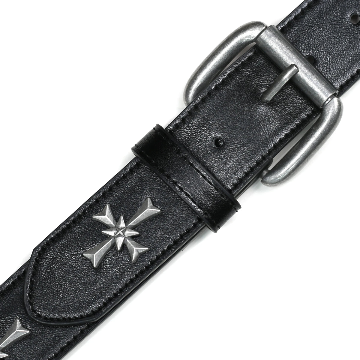 Black Y2K Punk Cross Belt – Faux Leather Strap with Antique Silver Cross Studs, Perforated Detailing & Roller Buckle
