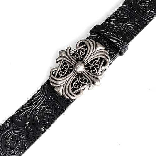 Black Floral Embossed Belt with Fleur-de-Lis Cross Buckle – Antique Silver Filigree Plaque & Tooled-Look Strap