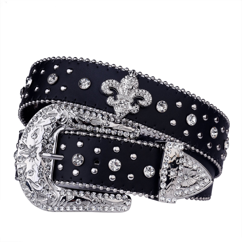 Black Rhinestone Studded Western Belt with Fleur-de-Lis Concho – Smooth Strap, Ball Chain Edges & Silver Rhinestone Buckle Set