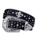 Black Rhinestone Studded Western Belt with Fleur-de-Lis Concho – Smooth Strap, Ball Chain Edges & Silver Rhinestone Buckle Set