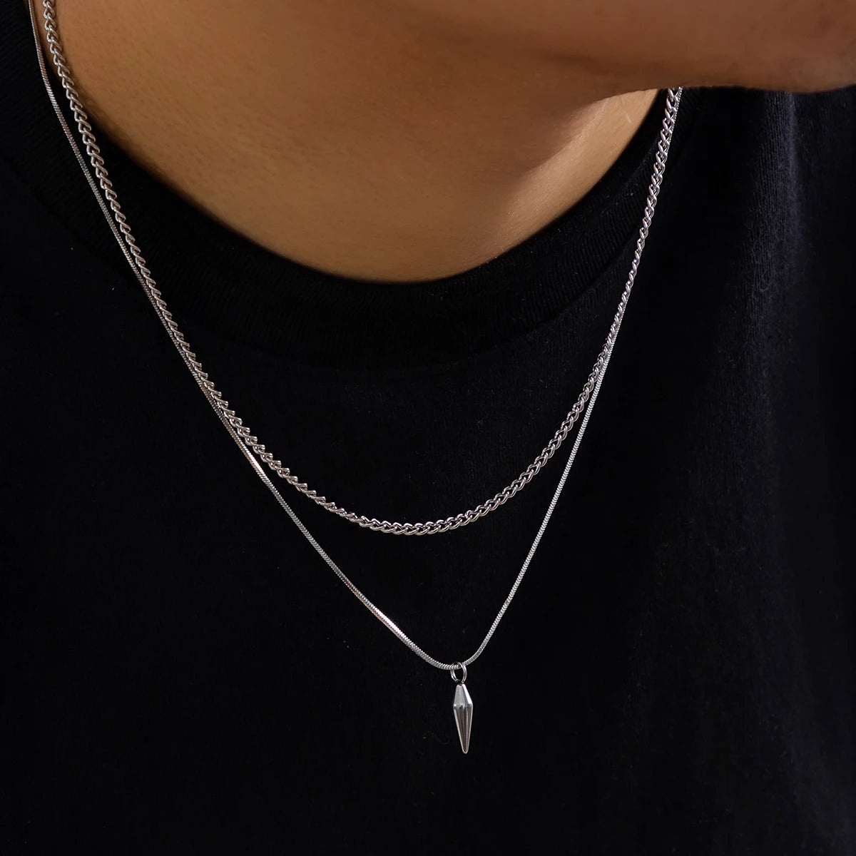 Layered Necklace Set – Curb Chain & Spike Pendant Snake Chain, Gold or Silver