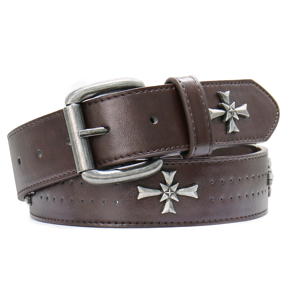 Black Y2K Punk Cross Belt – Faux Leather Strap with Antique Silver Cross Studs, Perforated Detailing & Roller Buckle