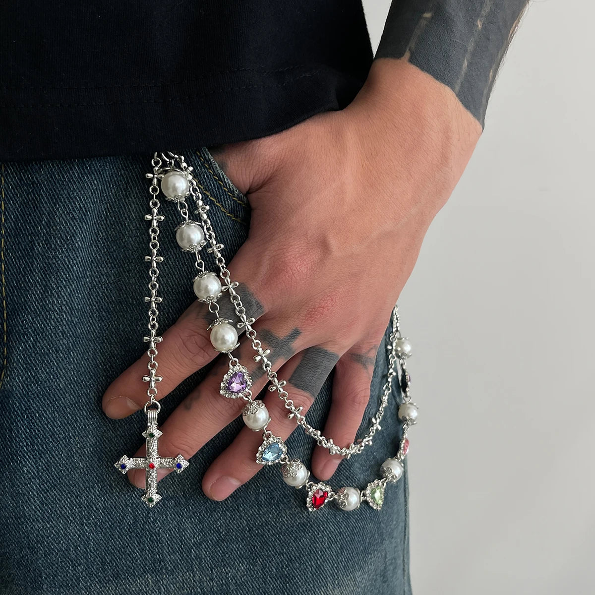 Salircon New Exquisite Luxury Cross Pendant Imitation Pearl Keychain Belt Chain Men Punk Trousers Jean Chain HipHop Jewelry Gift