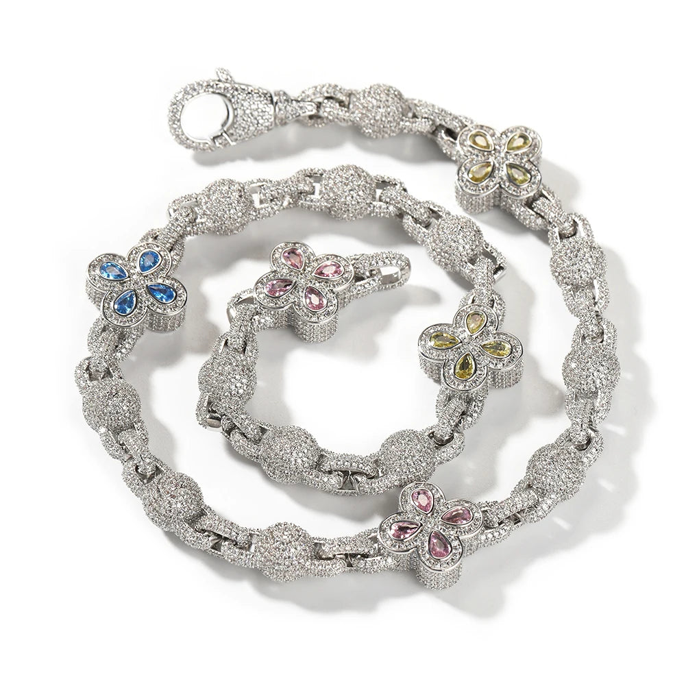 Iced Out Clover Flower Link Chain Necklace – Pear-Stone Clovers with Stone-Set Ball Links | Gold, Silver or Silver/Multicolor