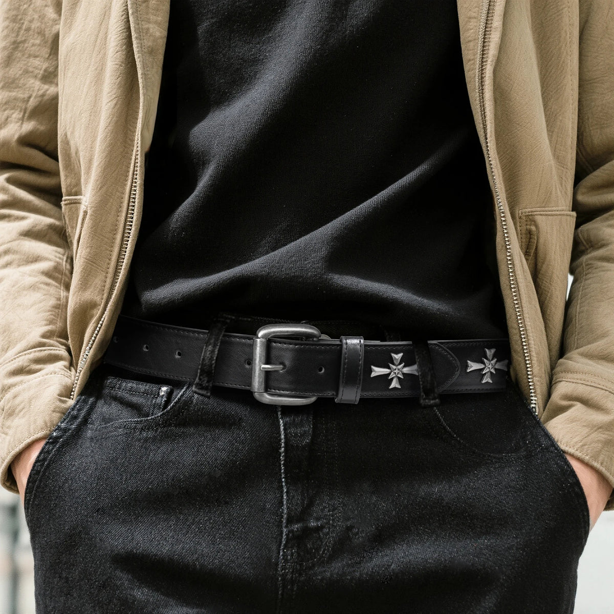 Black Y2K Punk Cross Belt – Faux Leather Strap with Antique Silver Cross Studs, Perforated Detailing & Roller Buckle