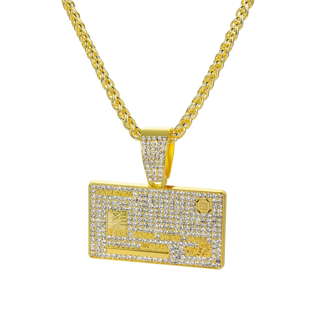 Iced Out Credit Card Pendant Necklace on Wheat Chain – Stone-Covered Bank Card Design | Silver or Gold