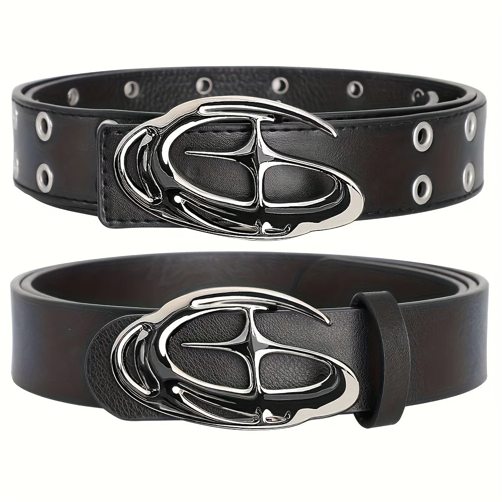 Black Liquid Chrome Star Oval Buckle Belt – Polished Silver Buckle with Four-Point Star Center | Plain or Double Grommet Strap