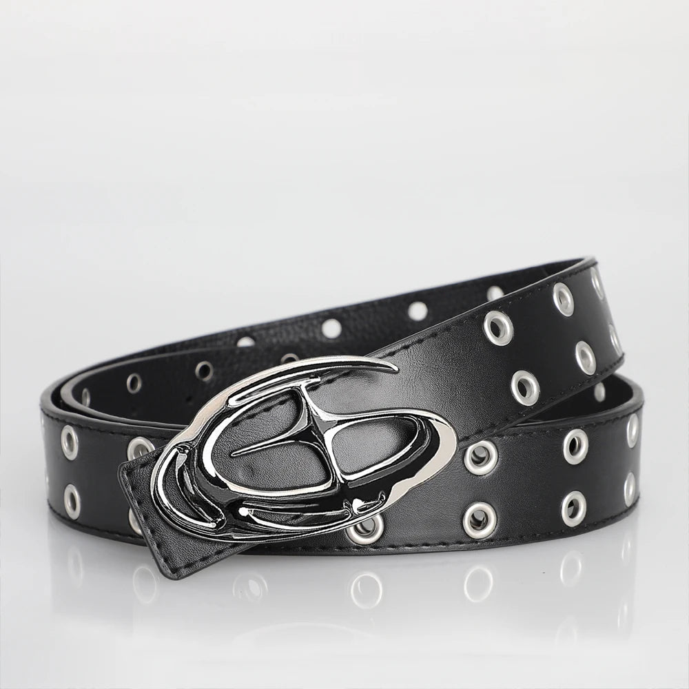 Black Liquid Chrome Star Oval Buckle Belt – Polished Silver Buckle with Four-Point Star Center | Plain or Double Grommet Strap