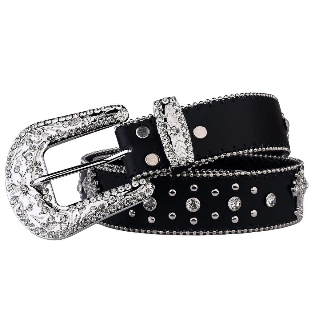 Black & Silver Rhinestone Studded Western Belt with Cross Concho – Smooth Strap, Ball Chain Edges & Clear Rhinestone Buckle Set