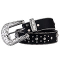 Black & Silver Rhinestone Studded Western Belt with Cross Concho – Smooth Strap, Ball Chain Edges & Clear Rhinestone Buckle Set