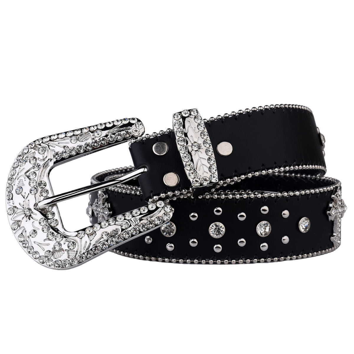 Black & Silver Rhinestone Studded Western Belt with Cross Concho – Smooth Strap, Ball Chain Edges & Clear Rhinestone Buckle Set