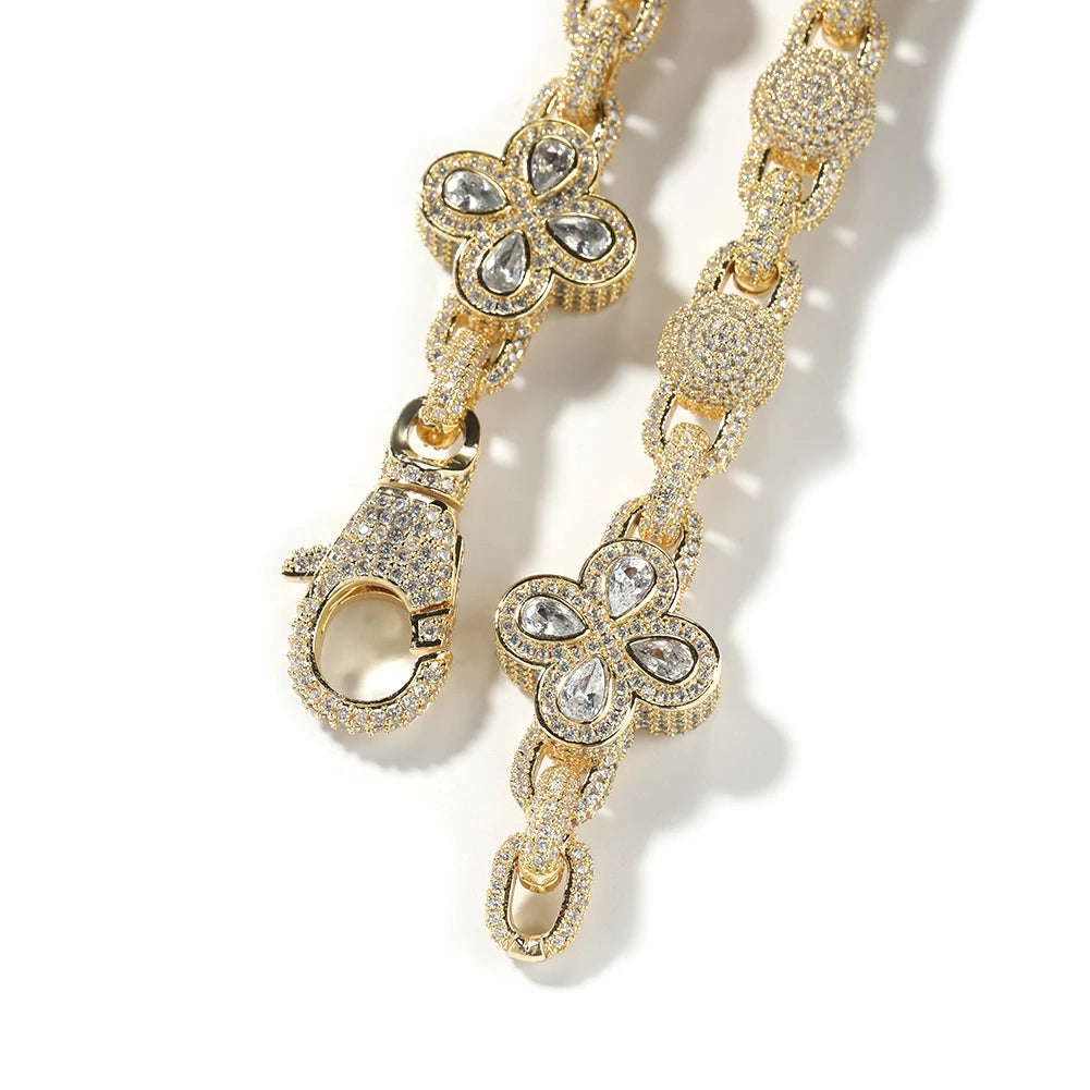 Iced Out Clover Flower Link Chain Necklace – Pear-Stone Clovers with Stone-Set Ball Links | Gold, Silver or Silver/Multicolor