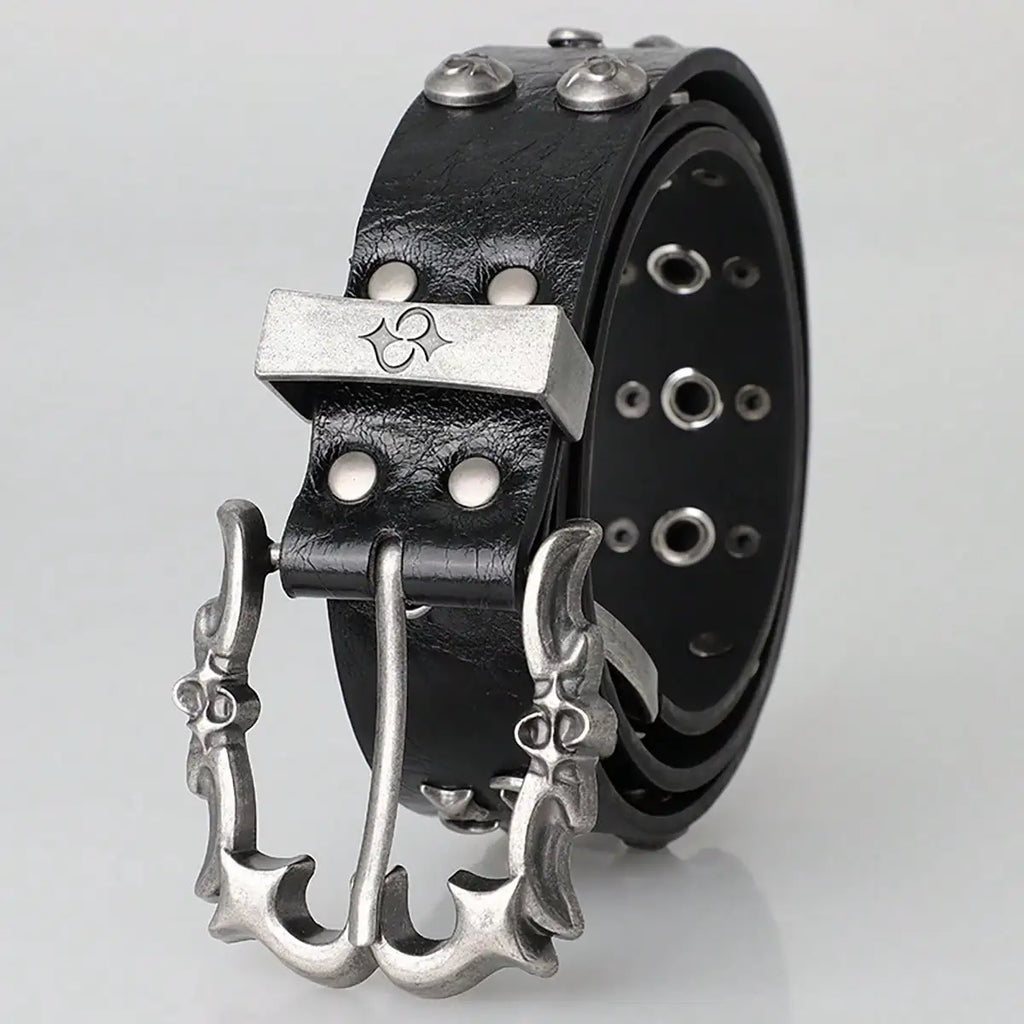 Black Y2K Gothic Star Belt – Crackle-Finish Strap with Ornate Antique Silver Buckle, Star Rivets & Grommets