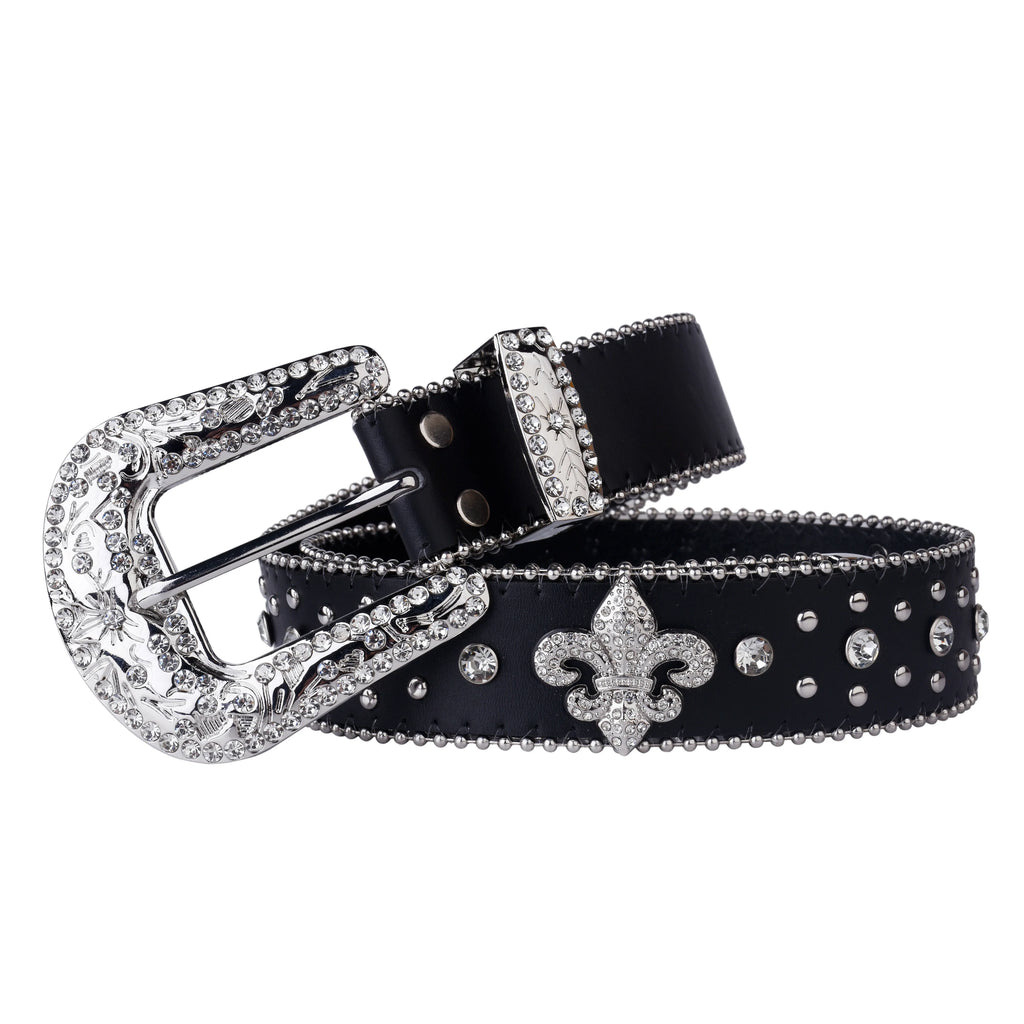 Black Rhinestone Studded Western Belt with Fleur-de-Lis Concho – Smooth Strap, Ball Chain Edges & Silver Rhinestone Buckle Set