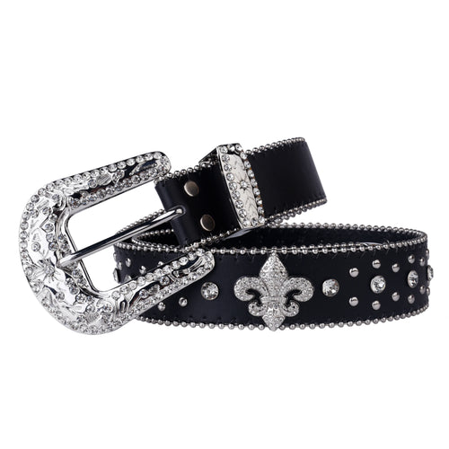 Black Rhinestone Studded Western Belt with Fleur-de-Lis Concho – Smooth Strap, Ball Chain Edges & Silver Rhinestone Buckle Set