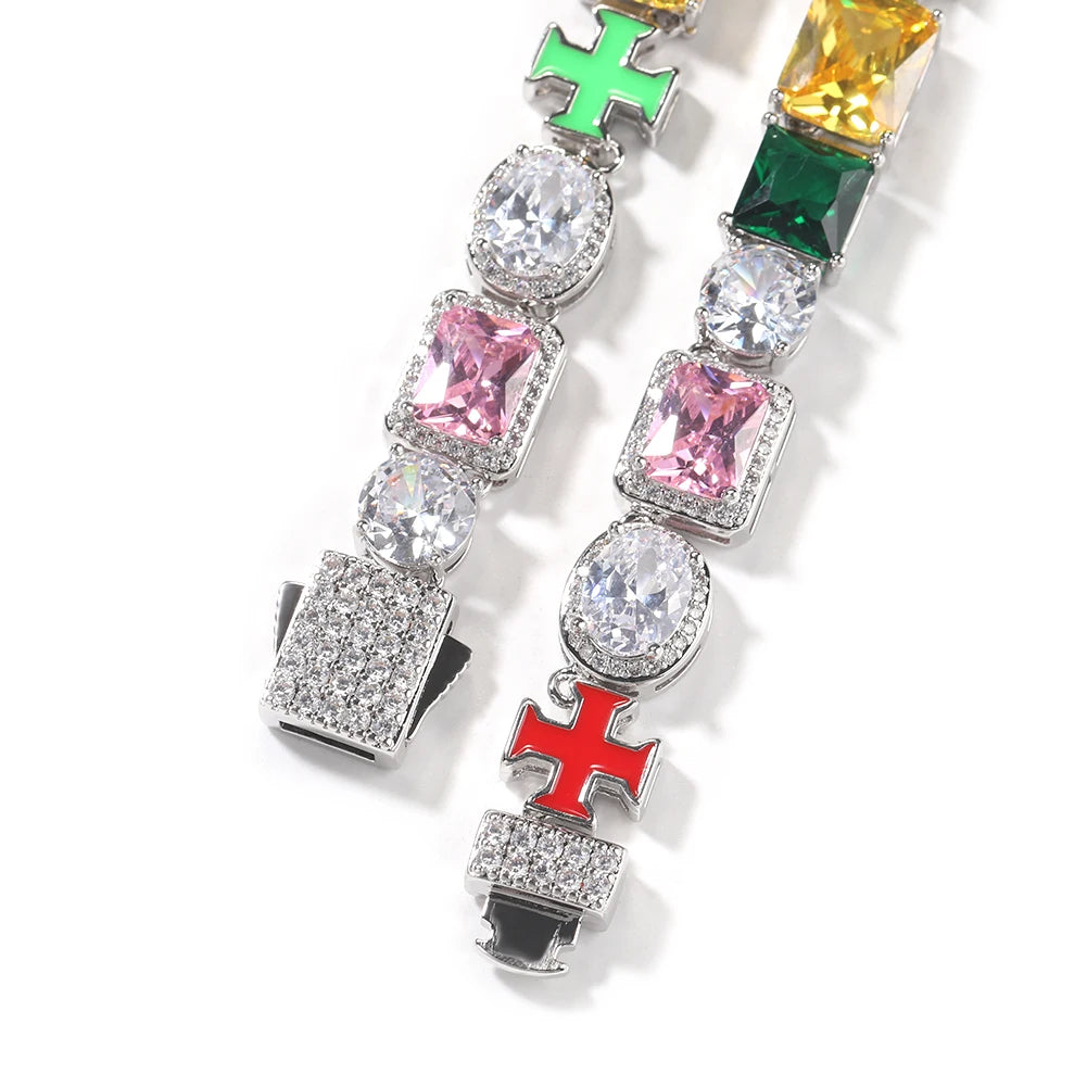 Iced Out Multicolor Stone Link Chain Necklace – Square-Cut Colored Stones, Oval Halo Stones & Enamel Cross Links | Silver