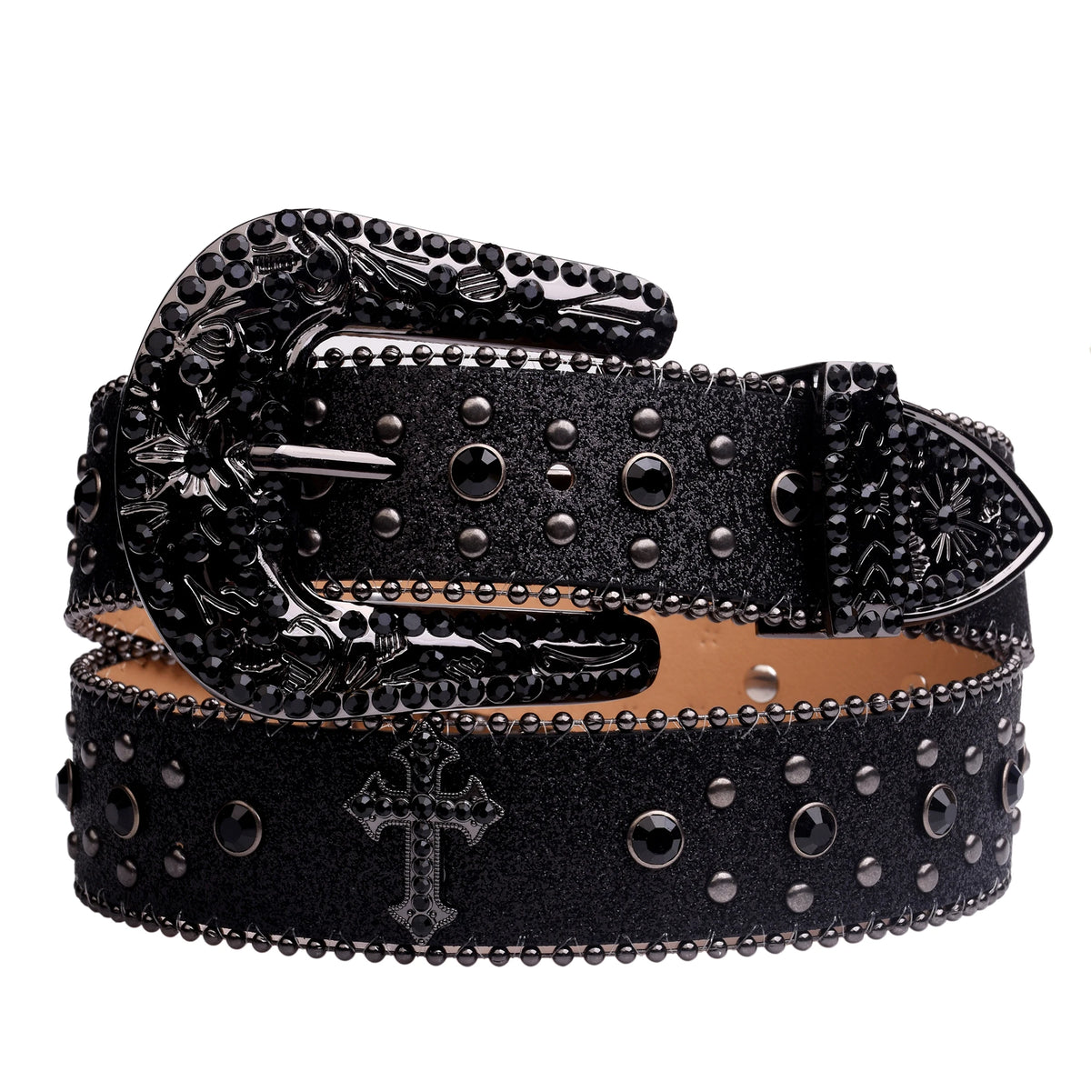 Black Rhinestone Studded Western Belt with Cross Concho – Glitter Strap, Ball Chain Edges & Engraved Black Buckle Set