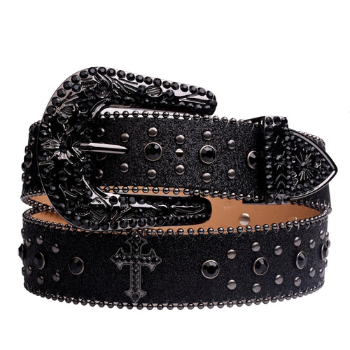 Black Rhinestone Studded Western Belt with Cross Concho – Glitter Strap, Ball Chain Edges & Engraved Black Buckle Set