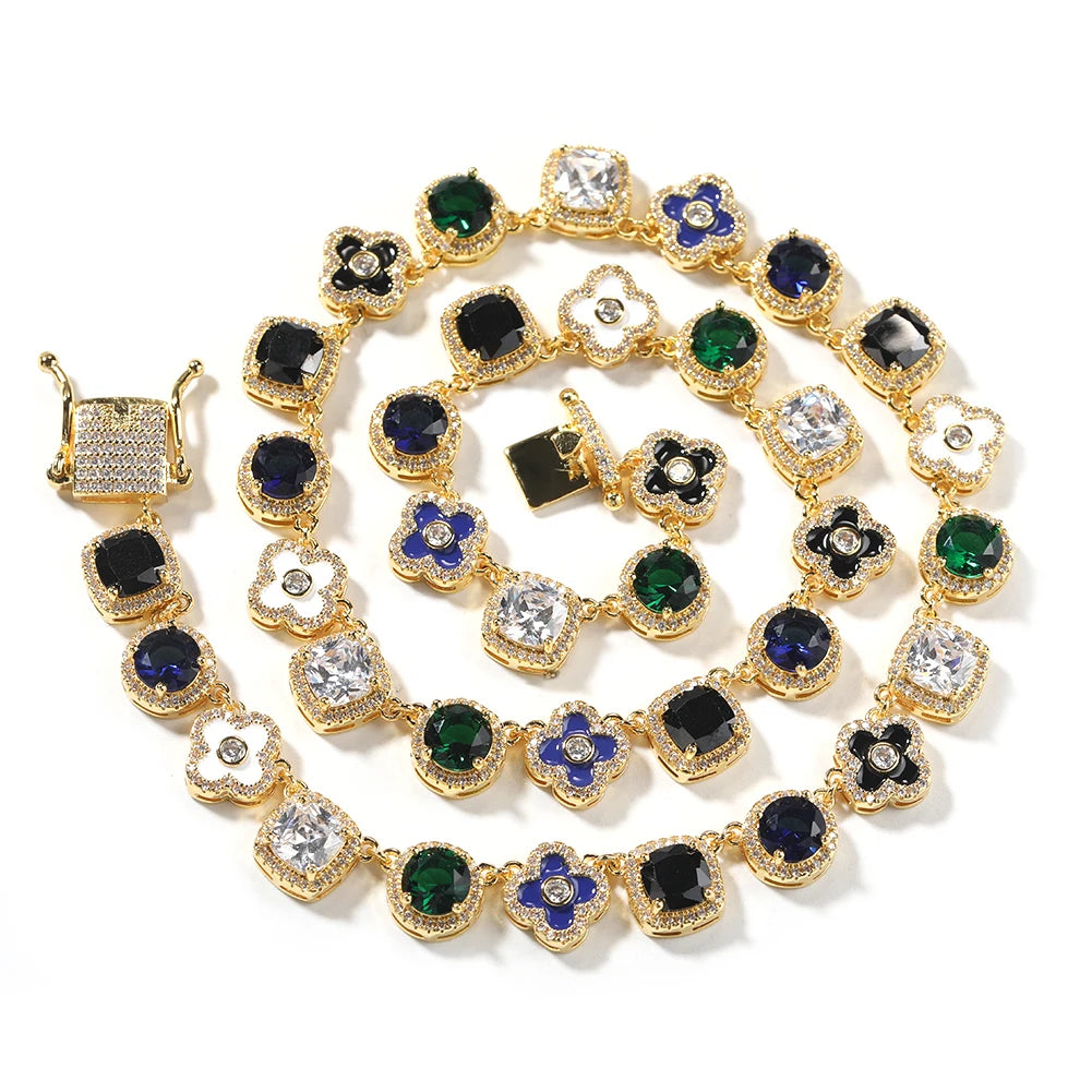 Iced Out Clover Station Link Chain Necklace – Inlaid Clovers Alternating with Halo-Set Colored Stones | Gold or Silver