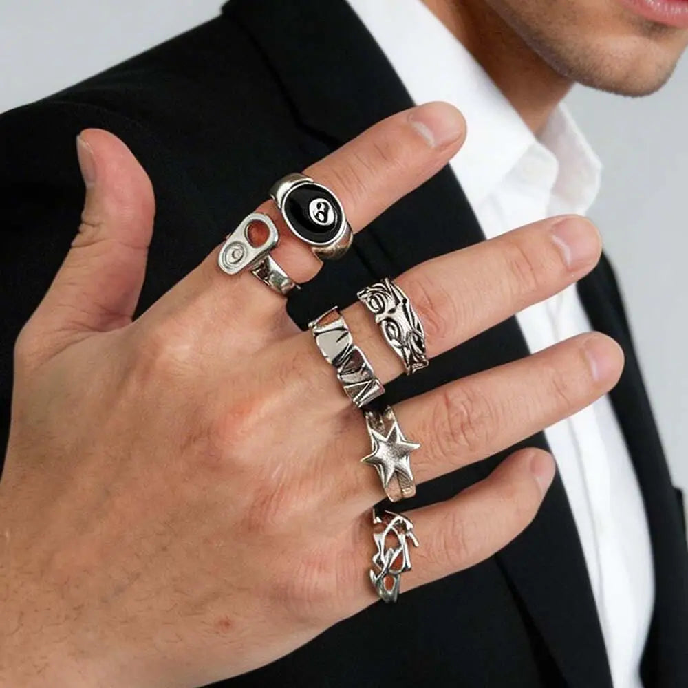 Hiphop Punk Hollow Hexagonal Star Rings for Men Women Gothic Irregular Metal Open Rings Set Y2K Street Jewelry Accessories
