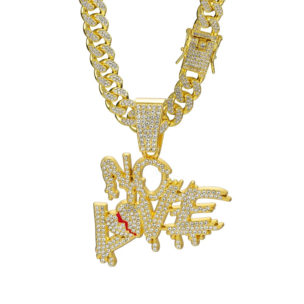 Iced Out NO LOVE Pendant Necklace on Cuban Link Chain – Dripping Letters & Broken Heart with Red Enamel Crack | Silver or Gold