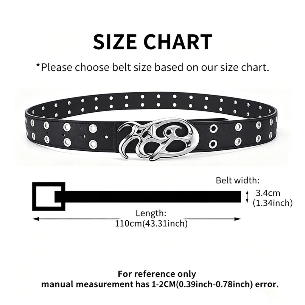 Black Double Grommet Belt with Tribal Chrome Buckle – Polished Silver Y2K Sigil Plaque & Stitched Strap