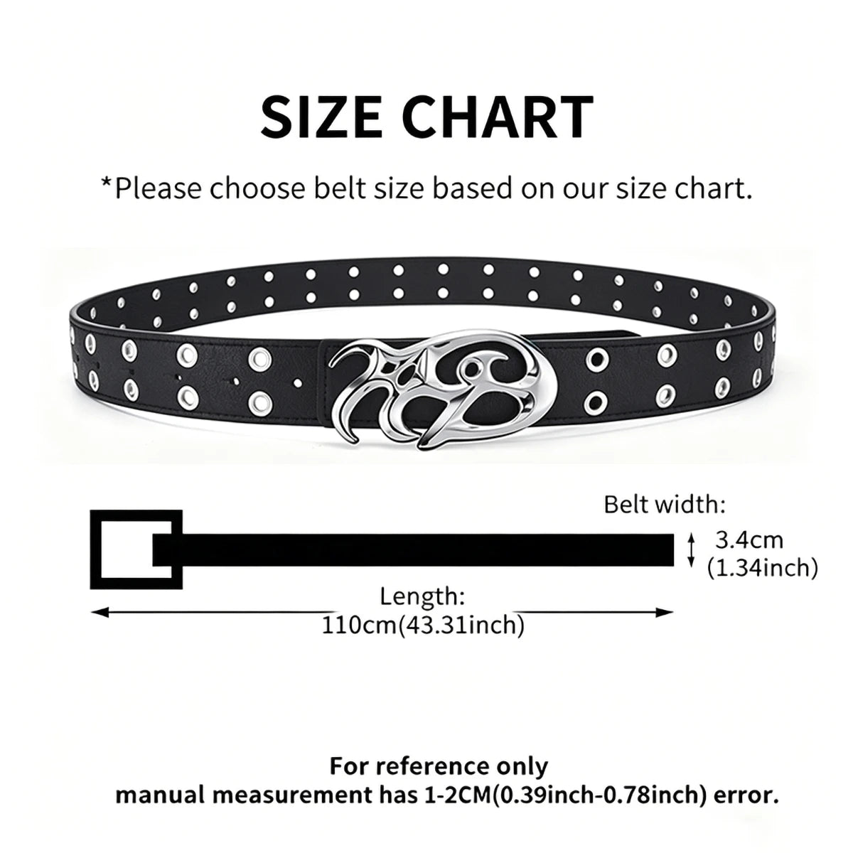 Black Double Grommet Belt with Tribal Chrome Buckle – Polished Silver Y2K Sigil Plaque & Stitched Strap