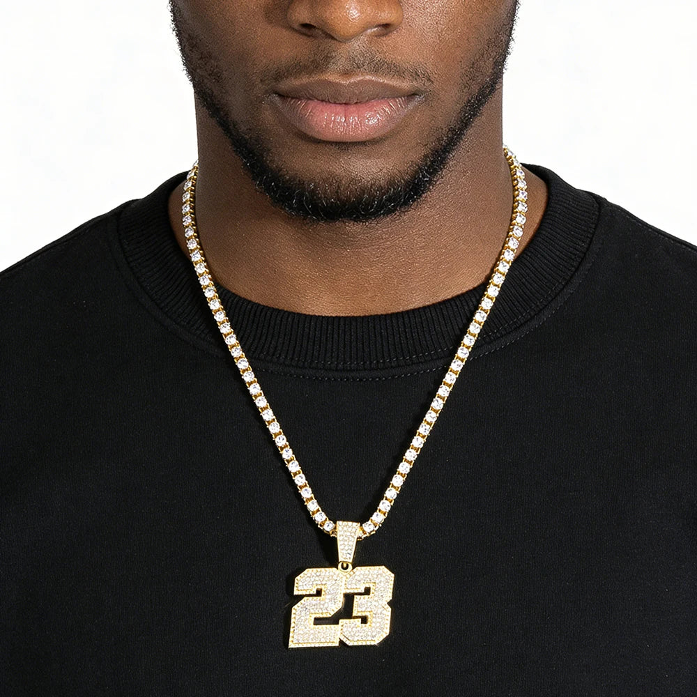Iced Out Number 23 Pendant Necklace on Tennis Chain – 3D Layered Jersey Numerals | Silver or Gold