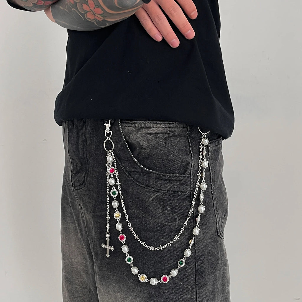 Salircon New Exquisite Luxury Cross Pendant Imitation Pearl Keychain Belt Chain Men Punk Trousers Jean Chain HipHop Jewelry Gift