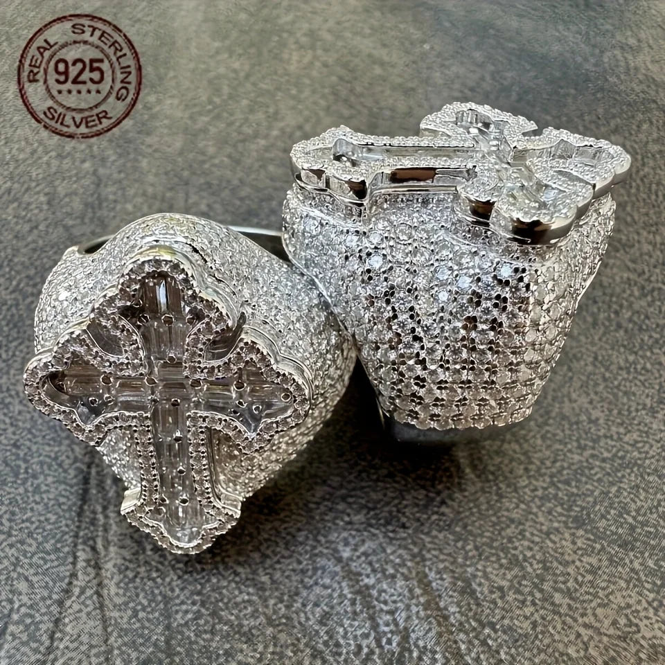 Fashion Design Brilliant 925 Silver Cross Rings For Men Shiny Zircon Inlay Iced Out Hip Hop Ring Vintage Rapper Jewelry