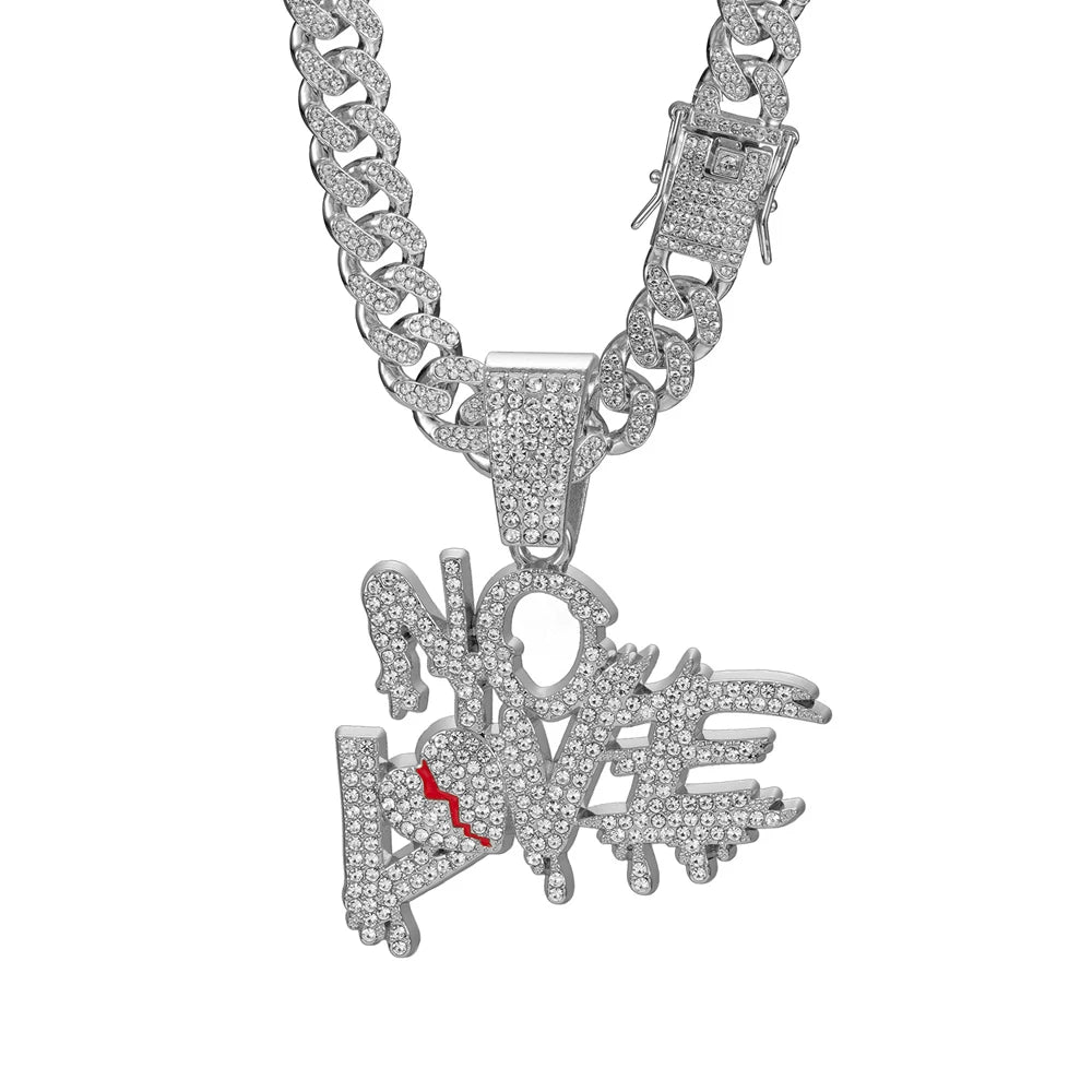 Iced Out NO LOVE Pendant Necklace on Cuban Link Chain – Dripping Letters & Broken Heart with Red Enamel Crack | Silver or Gold