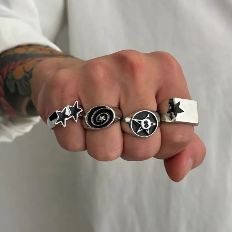 4Pcs/Set Black Five-Pointed Star Wide Rings for Men Hiphop Silver Color Geometric Thick Opening Finger Rings Sets Jewelry Gifts