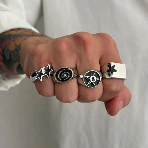 4Pcs/Set Black Five-Pointed Star Wide Rings for Men Hiphop Silver Color Geometric Thick Opening Finger Rings Sets Jewelry Gifts