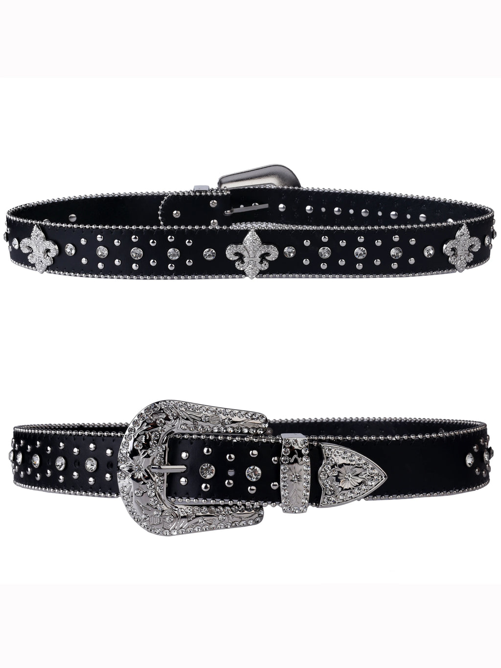 Black Rhinestone Studded Western Belt with Fleur-de-Lis Concho – Smooth Strap, Ball Chain Edges & Silver Rhinestone Buckle Set