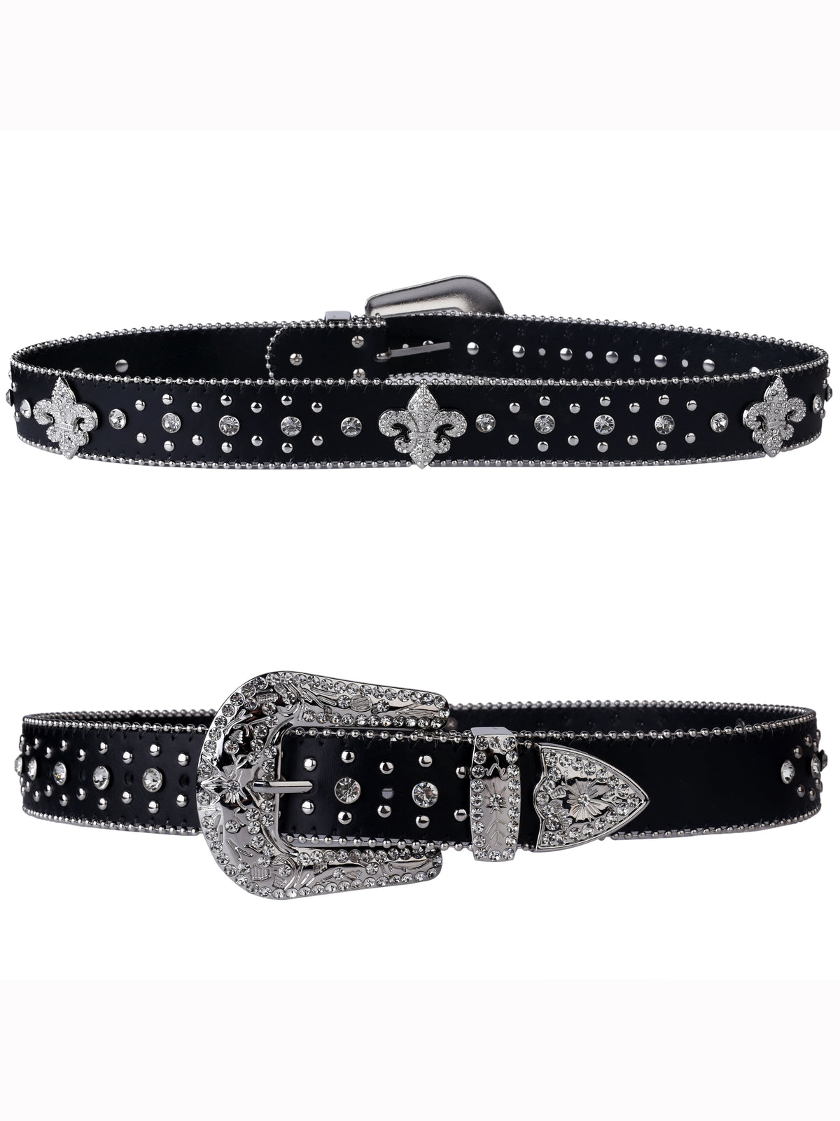 Black Rhinestone Studded Western Belt with Fleur-de-Lis Concho – Smooth Strap, Ball Chain Edges & Silver Rhinestone Buckle Set