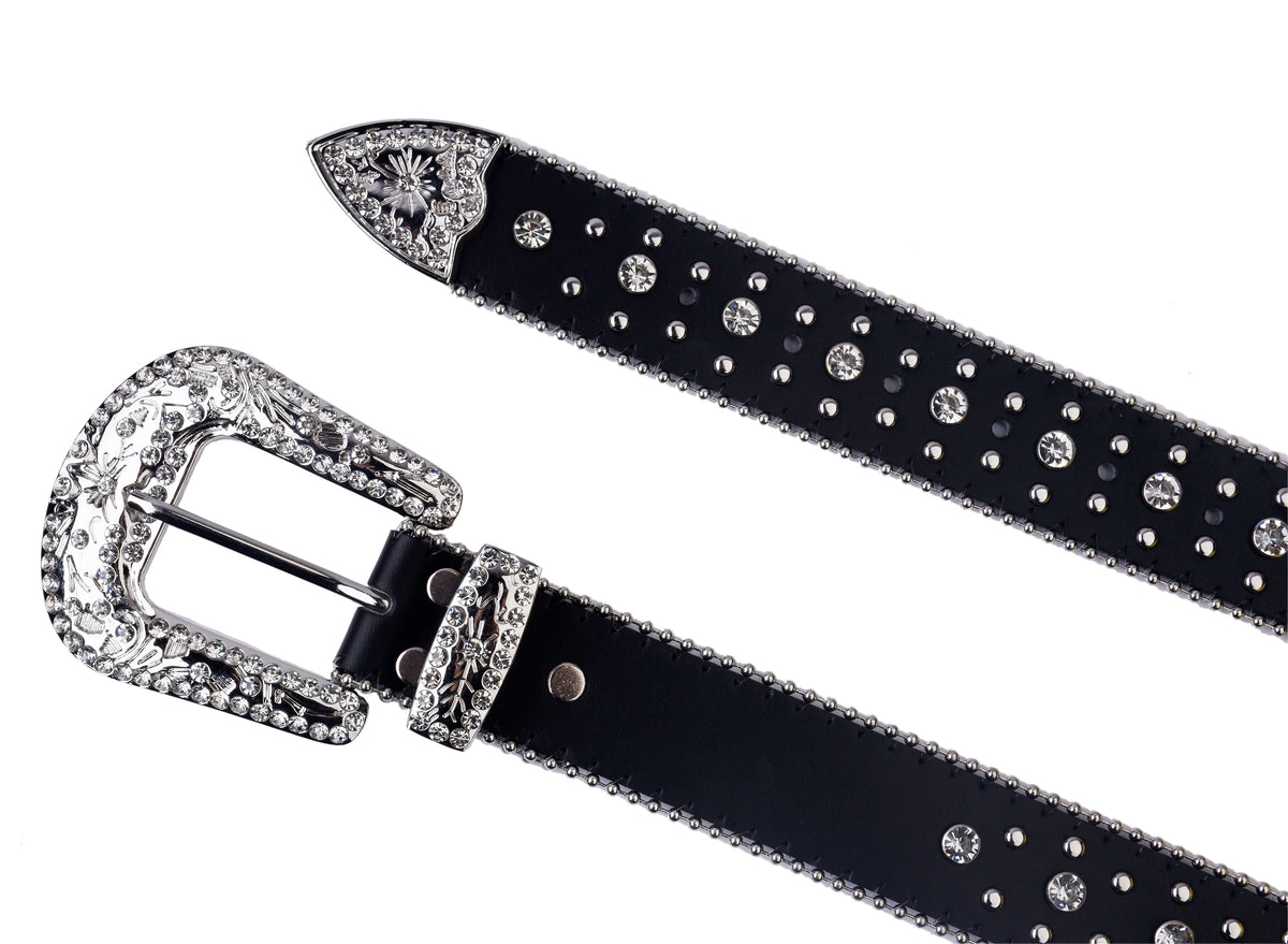 Black Rhinestone Studded Western Belt with Fleur-de-Lis Concho – Smooth Strap, Ball Chain Edges & Silver Rhinestone Buckle Set