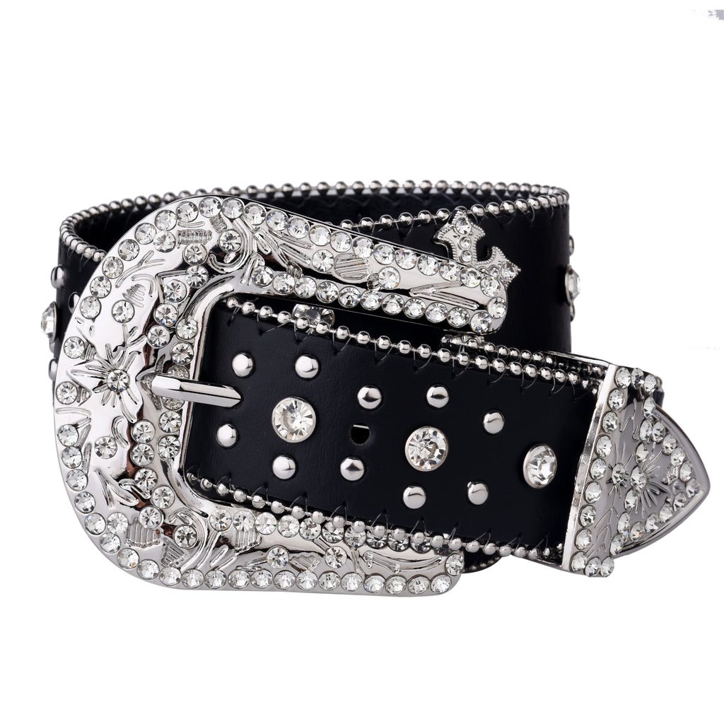 Black & Silver Rhinestone Studded Western Belt with Cross Concho – Smooth Strap, Ball Chain Edges & Clear Rhinestone Buckle Set