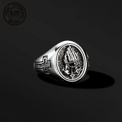 925 Sterling Silver Praying Hands Cross Rings for Men Vintage Punk Signet Believers Religious Ring Christian Jewelry
