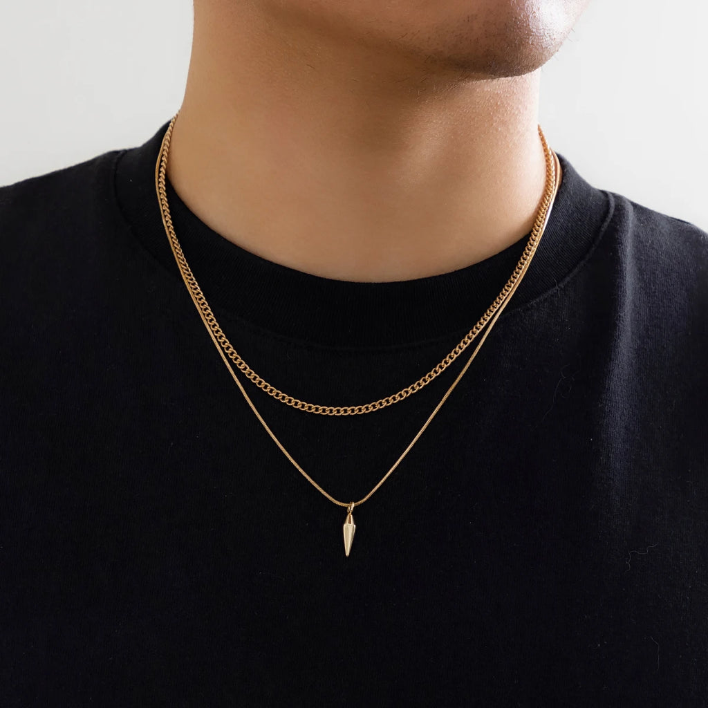 Layered Necklace Set – Curb Chain & Spike Pendant Snake Chain, Gold or Silver