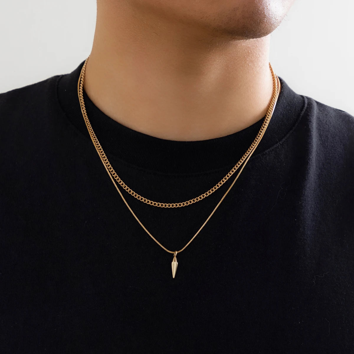 Layered Necklace Set – Curb Chain & Spike Pendant Snake Chain, Gold or Silver