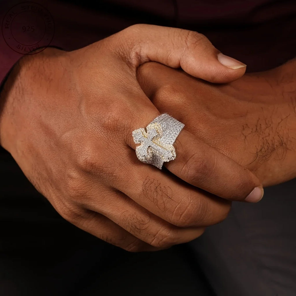 2025 New Arrival Iced Out Cross Ring Hip Hop Bustdown 925 Sterling Silver Rings For Men Retro Two Tone Fine Jewelry