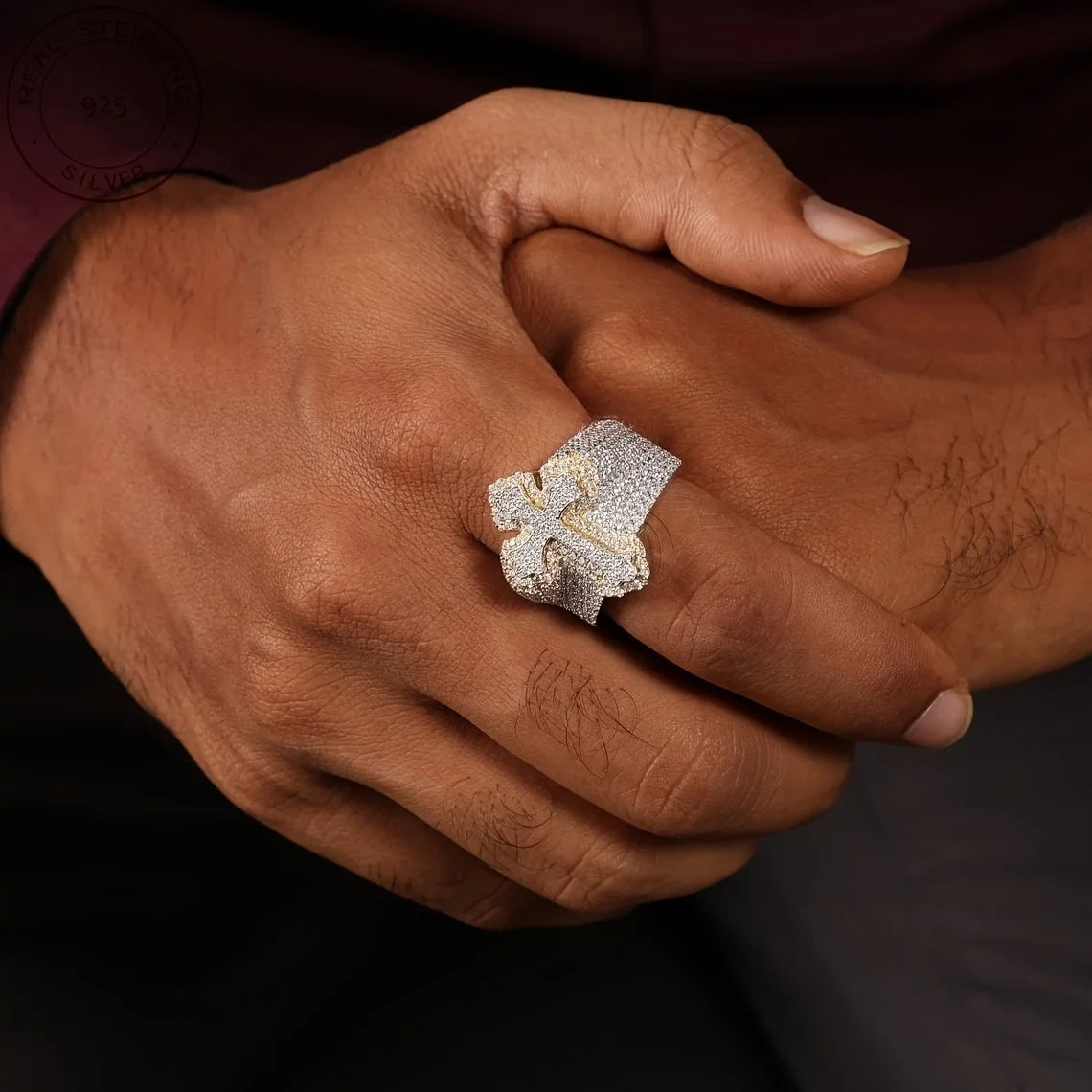 2025 New Arrival Iced Out Cross Ring Hip Hop Bustdown 925 Sterling Silver Rings For Men Retro Two Tone Fine Jewelry