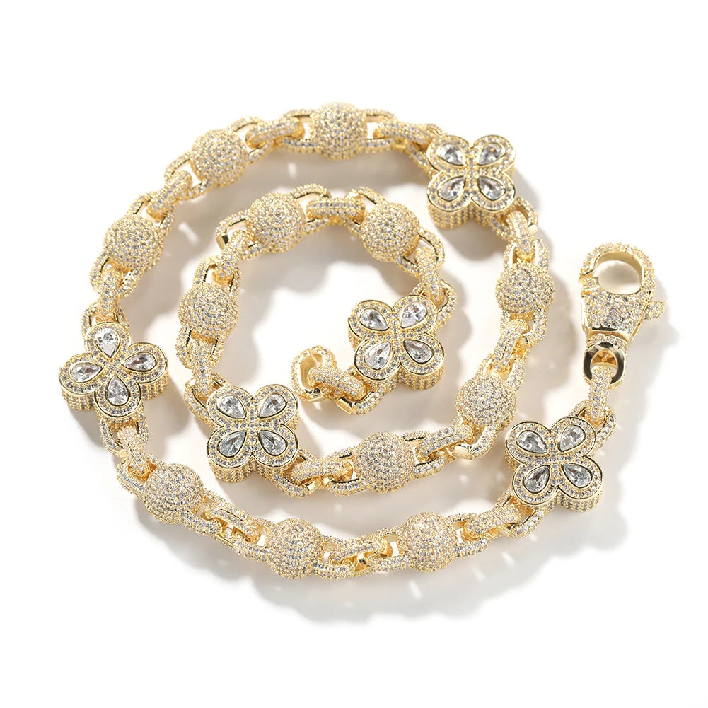 Iced Out Clover Flower Link Chain Necklace – Pear-Stone Clovers with Stone-Set Ball Links | Gold, Silver or Silver/Multicolor