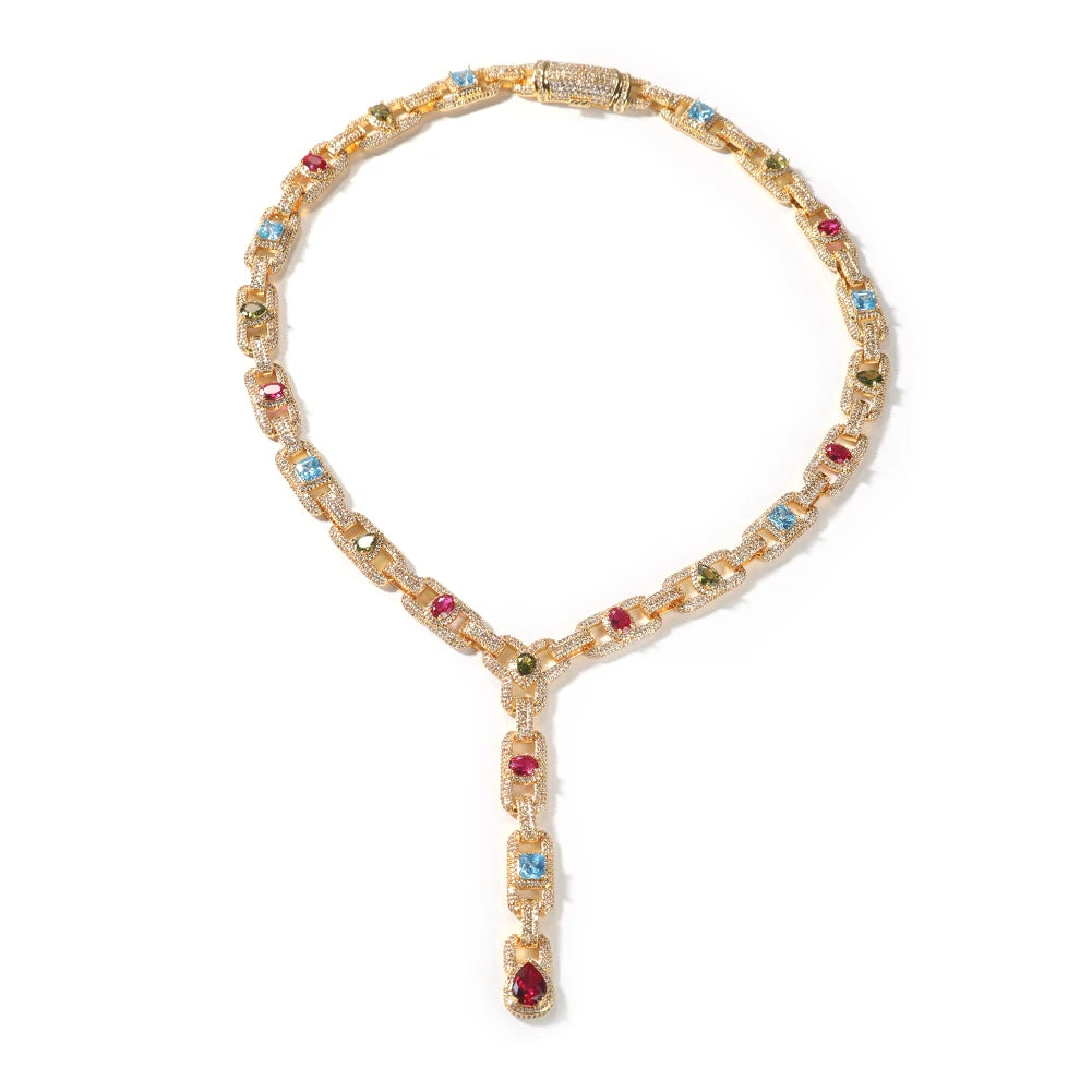 Iced Out Multicolor Y-Drop Link Chain Necklace – Stone-Set Mariner-Style Links with Red Pear-Shaped Drop | Gold or Silver